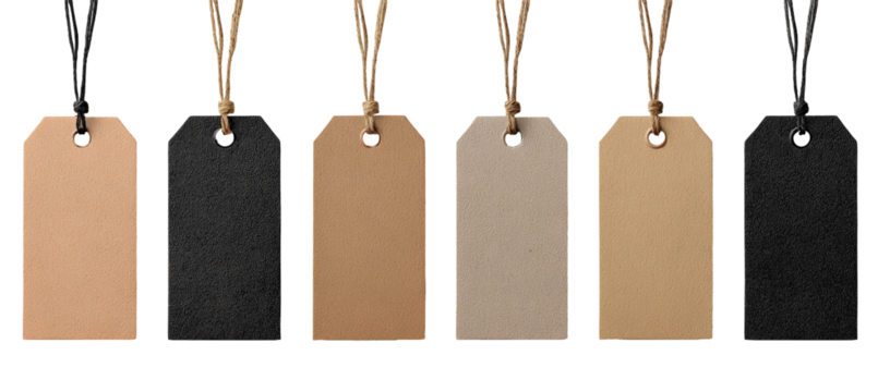 Blank rectangular tags in various muted colors, suspended by twine