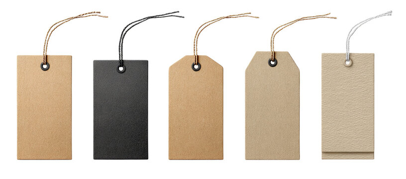 Blank rectangular tags in various colors, with twine loops and eyelets