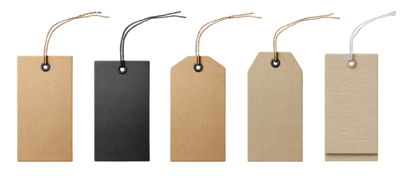 Blank rectangular tags in various colors, with twine loops and eyelets