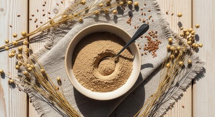 Healthy Food Arrangement Featuring Bowl of Grinded Seeds and Flax Flowers on Wooden Surface