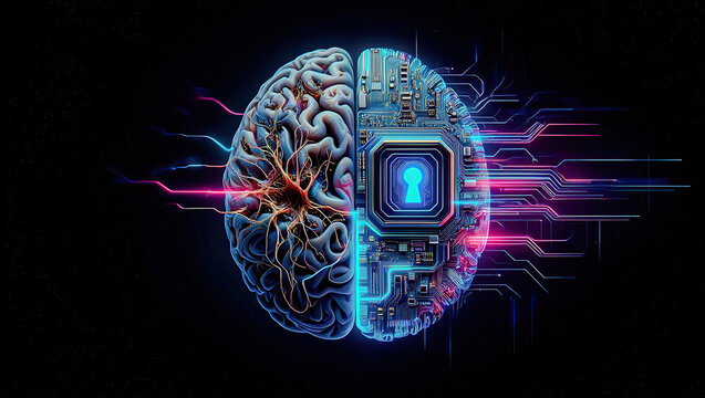 A hybrid brain of organic folds and digital circuits stands before a locked metallic door, symbolizing restricted access to advanced cognition.