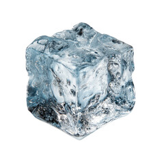 Obraz premium Close-up of a single, slightly irregular ice cube. Its clear, icy surface shows internal textures and patterns, and it's a near-perfect cube shape