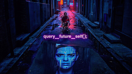 A glitching half-pixelated human silhouette reflects in a neon puddle, capturing a haunting cyberpunk blend of identity and digital decay.