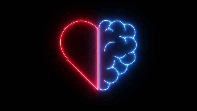 Glowing neon heart and brain icon on black background for emotional intelligence concepts. Mind and heart connection. Cognitive-emotional harmony. neon heart brain symbol concept.