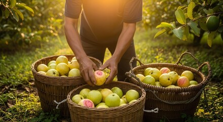 Harvesting Ripe Guavas from the Orchard, Creating a Farm-Fresh Fruit Composition