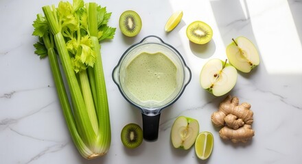 Healthy Green Smoothie Ingredients Composition On White Table With Sunlight And Shadows