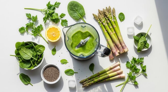 Healthy Green Smoothie Ingredients and Preparation on White Surface Composition