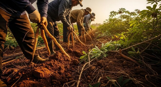 Harvesting Roots: Indigenous Farmers Unearthing Cassava in a Picturesque Plantation