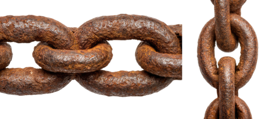 Close-up of a weathered, rusty metal chain.  Links are interconnected, showing signs of age and oxidation.  A dark background isolates the chain