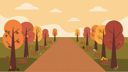 Autumn park with trees and benches