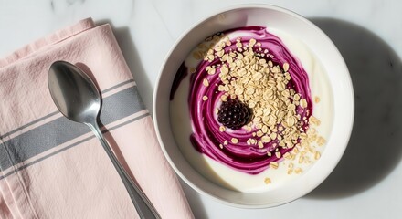Healthy And Delicious Breakfast Food: Yogurt Bowl With Berry Swirl And Oatmeal