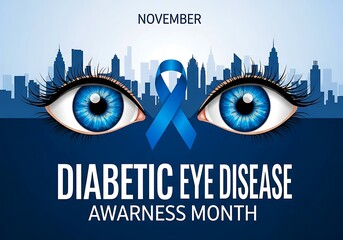November is diabetic eye disease awareness month with blue ribbon symbol