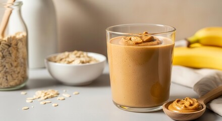 Healthy And Delicious Peanut Butter Smoothie Recipe With Oats And Bananas Ready To Serve