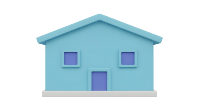 A simple, cartoonstyle light blue house with purple windows and door, isolated on transparent background