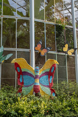 Colorful butterfly decoration in tropical greenhouse garden with bright sunlight, representing creativity and eco design concept
