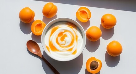 Healthy Yogurt Bowl with Apricots and Wooden Spoon Against a White Backdrop