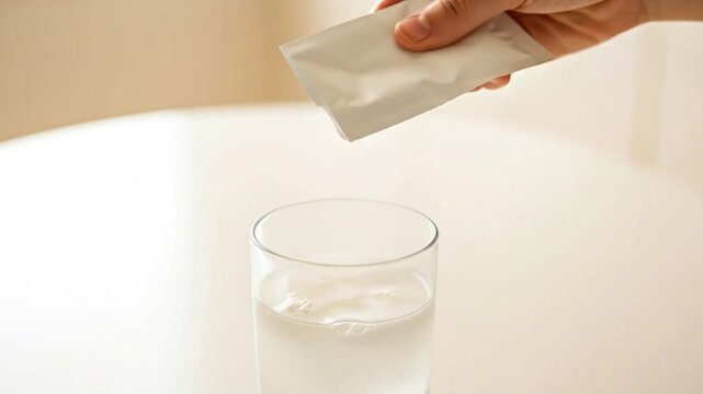 Close-up of a Hand Pouring White Powder Supplement, like Creatine, from a Sachet into a Glass of Water