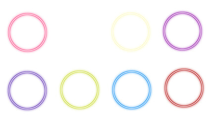Neon circle frames, glowing round borders set, vibrant glowing rings. Colorful futuristic UI design elements in various colors, modern avatar frames isolated on transparent backdrop. PNG file