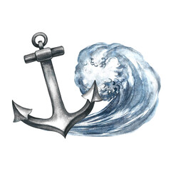 Ship anchor and sea wave. Hand-drawn watercolor illustration. Color image. Isolate. For stickers, games, decor, posters and banners, packaging, and more.