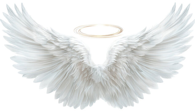 Pair of large, detailed white angel wings with a golden halo (1)