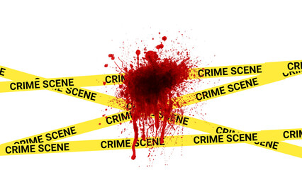 Crime Scene: Strips of yellow caution tape with blood boldly mark a crime scene, transparent background. PNG file