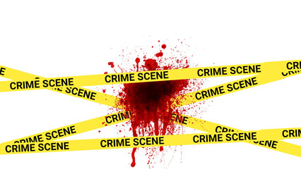 Realistic bloody crime scene tape on transparent background, grunge horror style, ideal for thriller posters, forensic concepts, digital art, or dramatic scenes