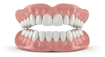Fototapeta premium A set of dentures with white teeth and pink gums on a white background in studio shot
