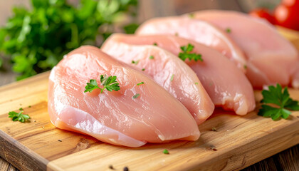 Fresh chicken breast pieces on wooden board with parsley garnish, appetizing healthy food.
