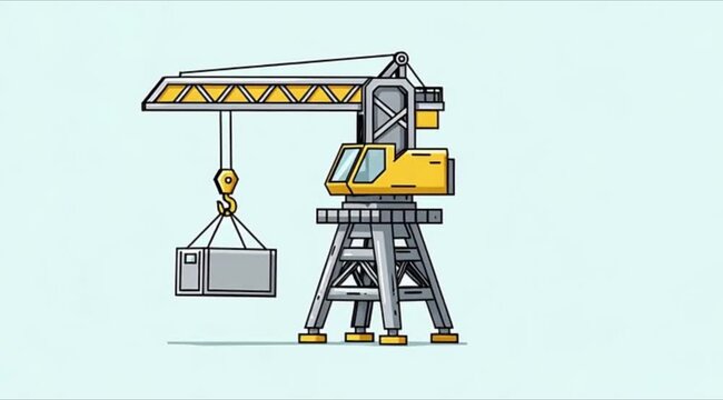 Animated Construction Crane Lifting Container in Flat Style with Clear Lines and Bright Colors