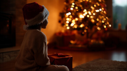 Fototapeta premium A cinematic ultra-realistic scene of a little girl in a Santa hat sitting on the floor, holding a red gift box, gazing dreamily at a glowing Christmas tree. The fireplace flickers