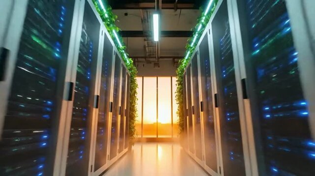 Sustainable data center corridor framed by vibrant green foliage with a bright future vision, modern tech and nature balance