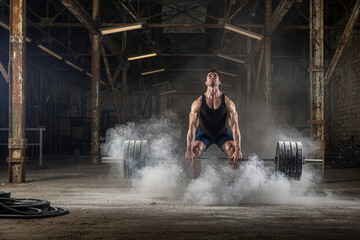 Intense athlete preparing for a deadlift in a dark, industrial warehouse. Dramatic lighting and thick chalk smoke. AI Generate