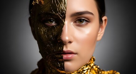 Portrait of a woman with half her face covered in gold leaf and a neutral background