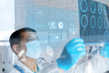 Medical professional examines brain scan in modern healthcare environment during consultation