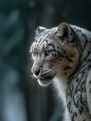 Snow Leopard Close-Up Portrait with Detailed Fur Texture in Winter