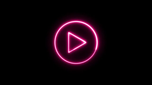 Glowing neon Purple color play button on neon color. Neon glowing play button. Neon glowing play button with neon circle on black background.Start button.-