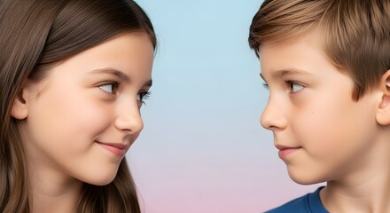 Close up portrait of a young girl and boy looking at each other in profile view