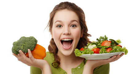 Excited woman holding broccoli and salad