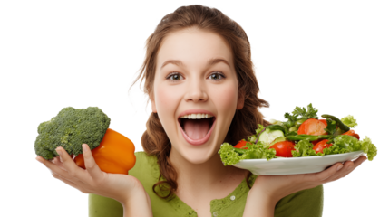 Excited woman holding broccoli and salad