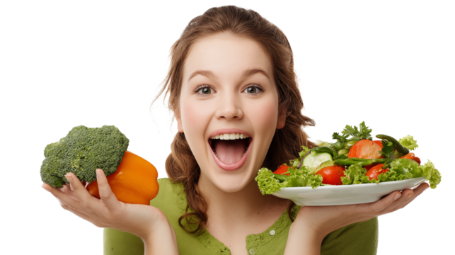 Excited woman holding broccoli and salad