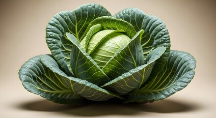 Close up of a fresh green cabbage head with water droplets on its outer leaves