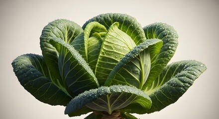 Close up of a fresh green cabbage with water droplets on its leaves against white