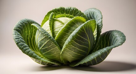 A close up of a fresh green cabbage with water droplets on its outer leaves