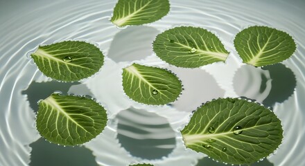 Green leaves floating on water surface with ripples and water droplets visible