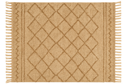 Beige bohemian area rug with diamond pattern and fringes