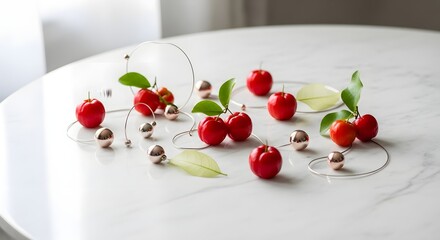 A delicate arrangement of acerola cherries with silver beads on white surface