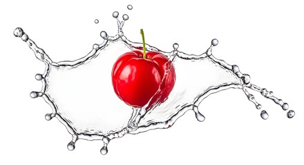 A single red cherry with green stem surrounded by a splash of water on white background