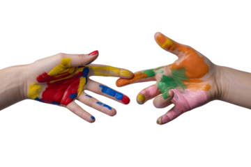Colorful painted hands reaching towards each other on a black background