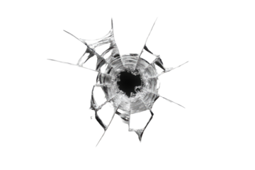 Shattered glass, radial crack pattern around a bullet hole