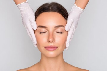 Beautiful woman undergoing precise cosmetic rhinoplasty surgery as two professionals wearing white gloves work on nasal area